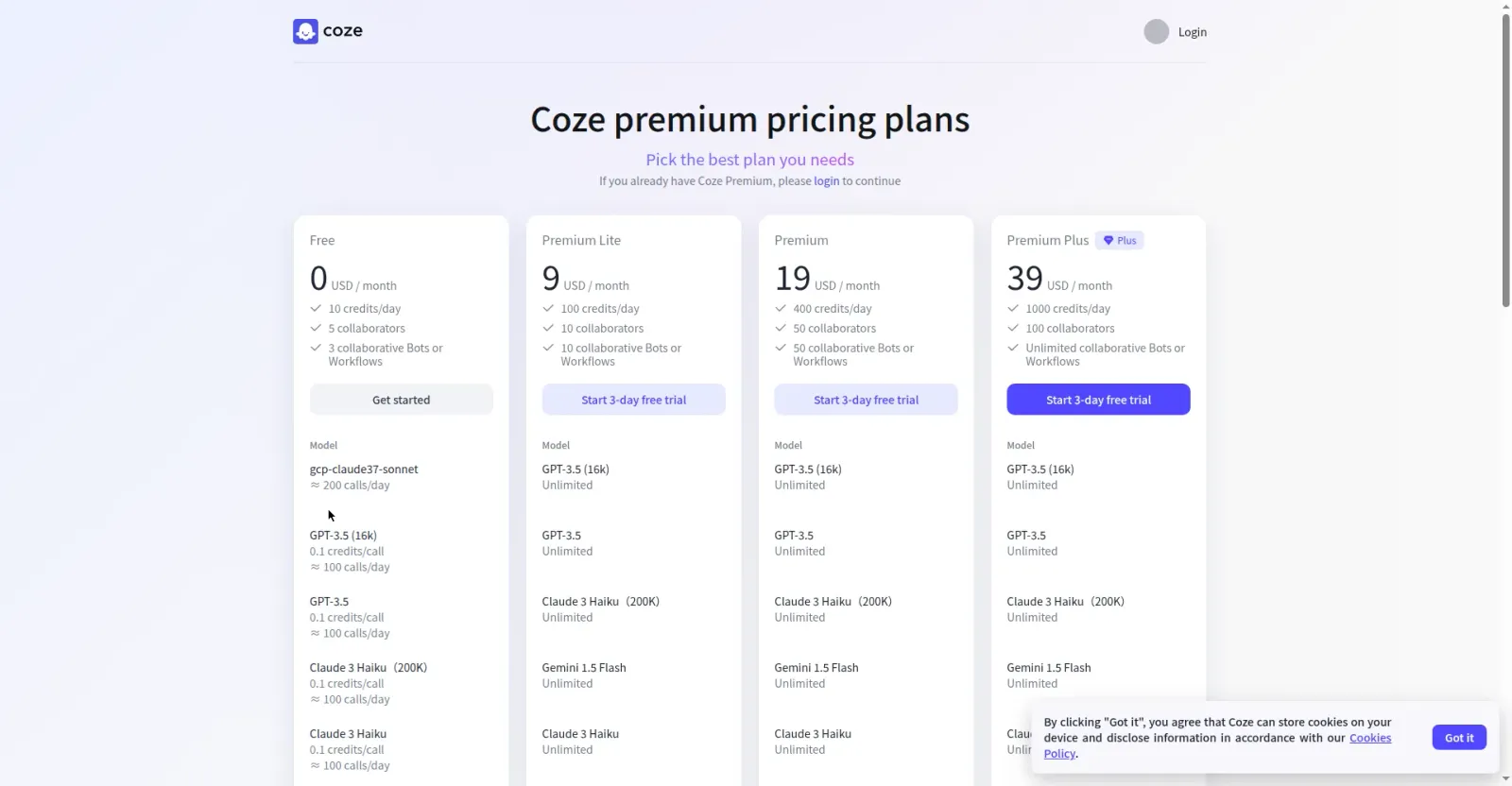 步骤6:coze.com 定价页,Free 档 0 美元/月、每天 10 credits