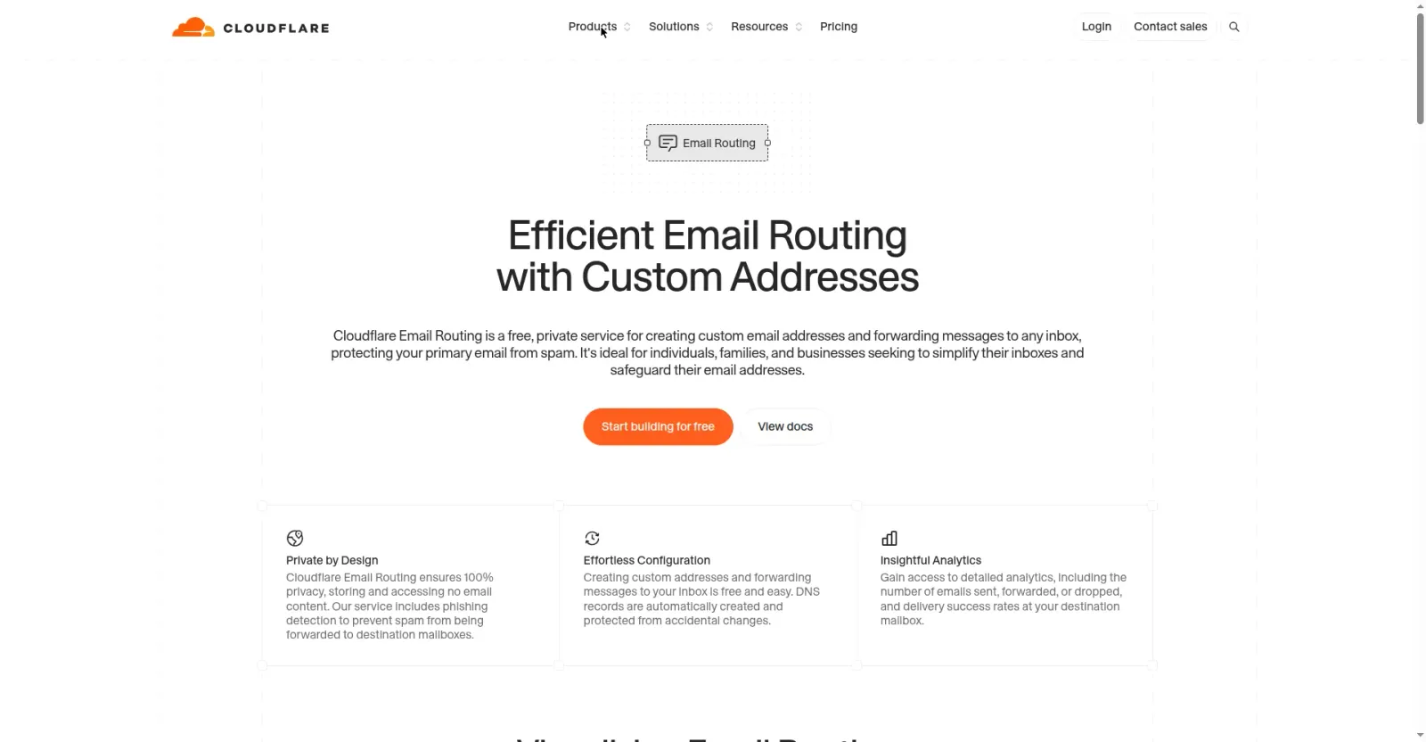 步骤3:Cloudflare 官网 Email Routing 产品页:免费、私密、自定义域名地址