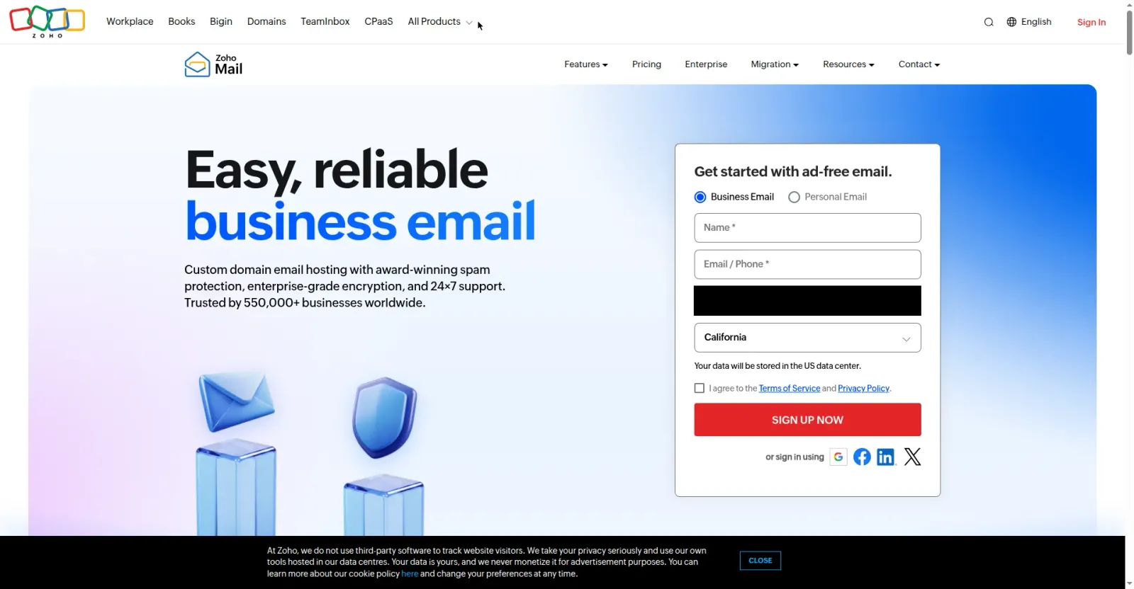 步骤4:Zoho Mail 定价页 Forever Free Plan:一个域名、5 用户、每人 5GB