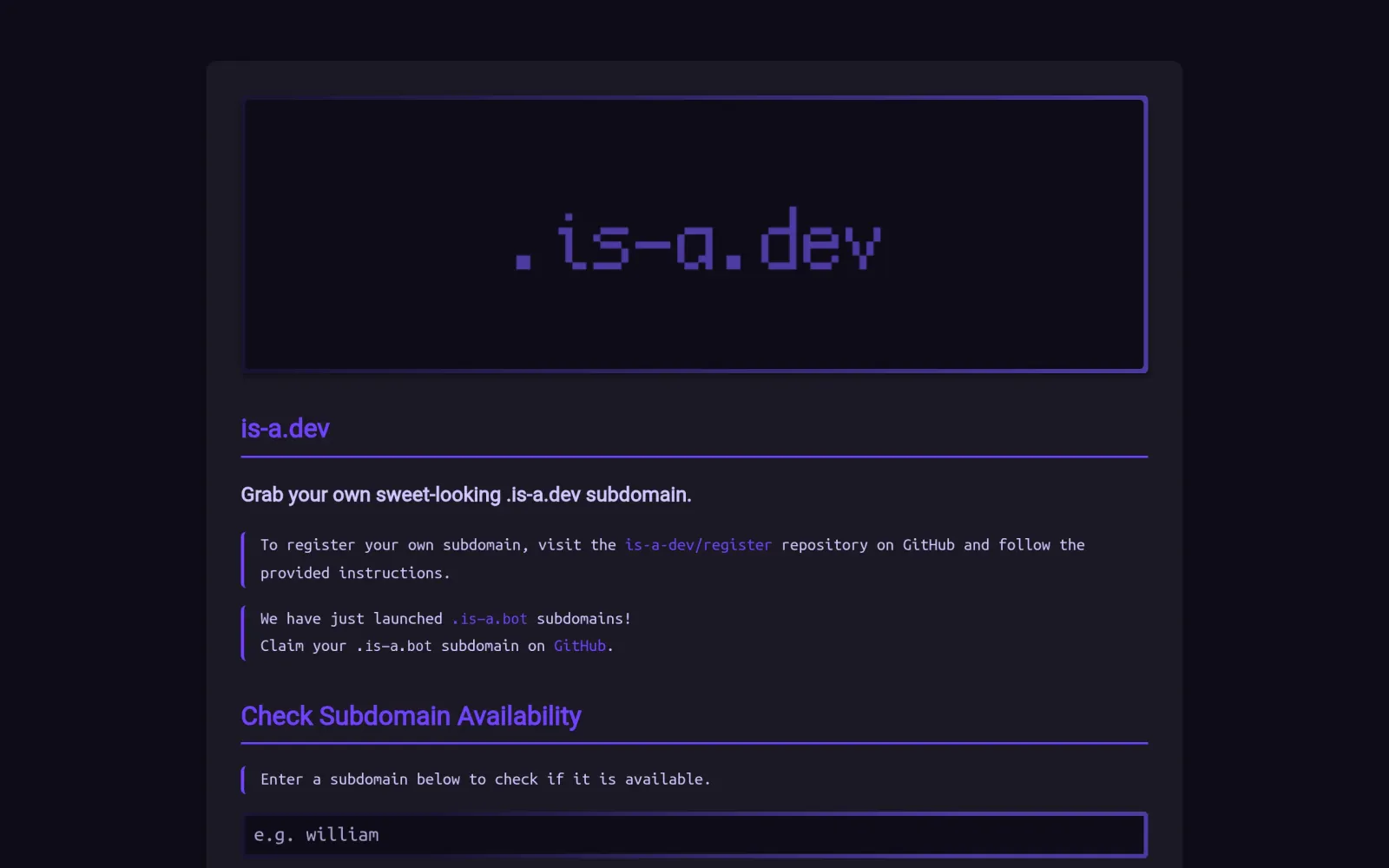 is-a.dev 首页与子域名查询