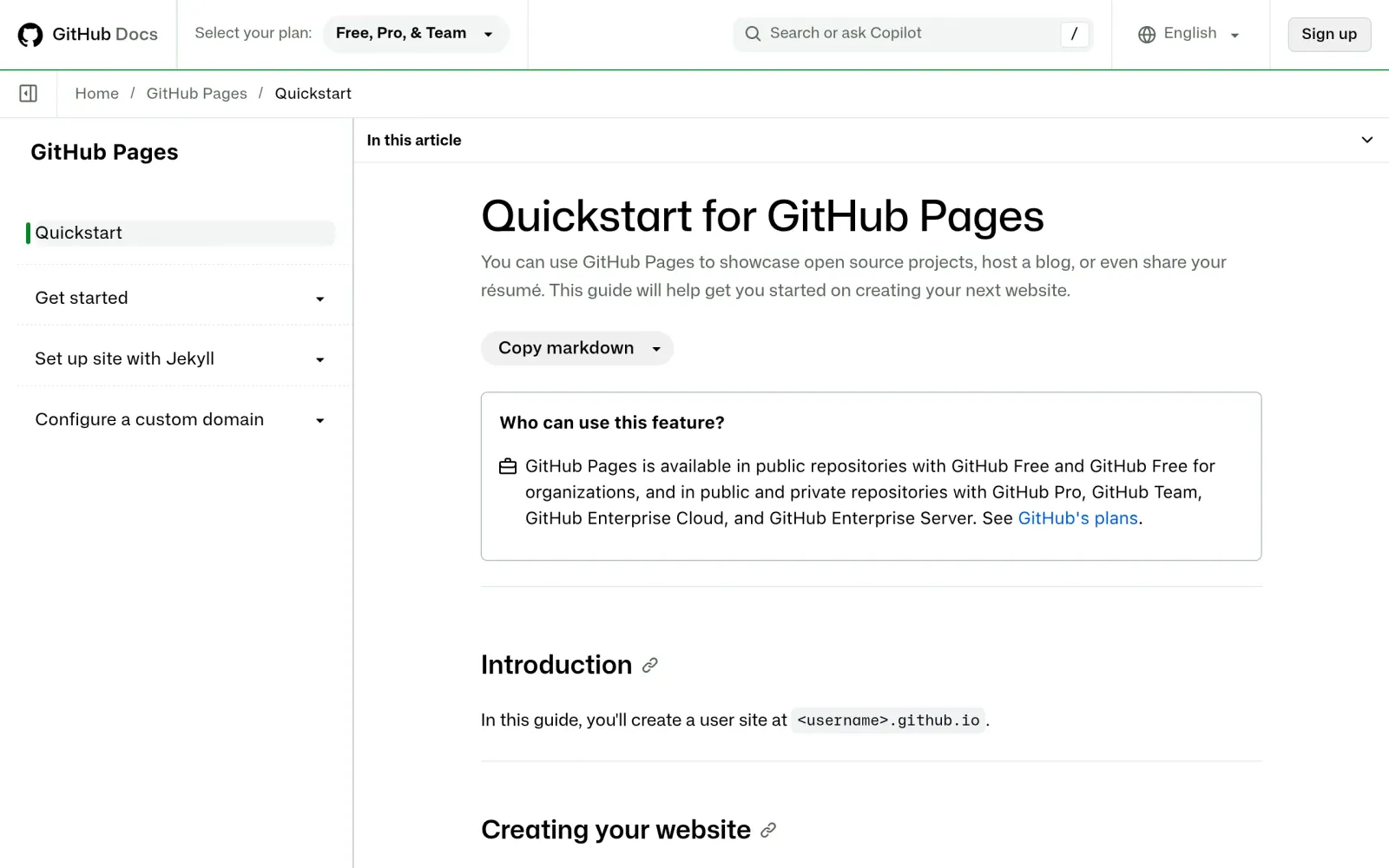 GitHub Pages official Quickstart docs