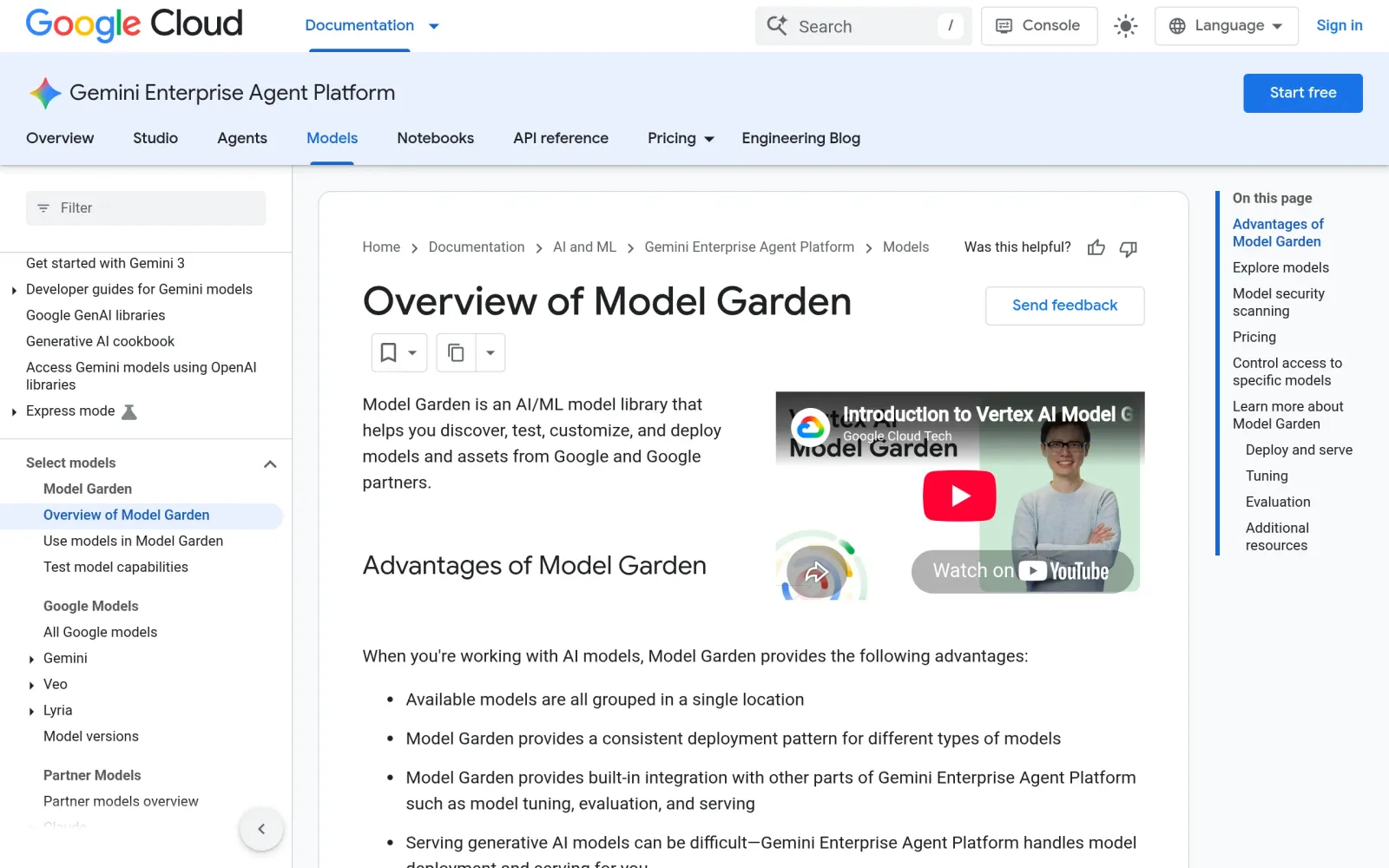 Model Garden official docs: model library overview