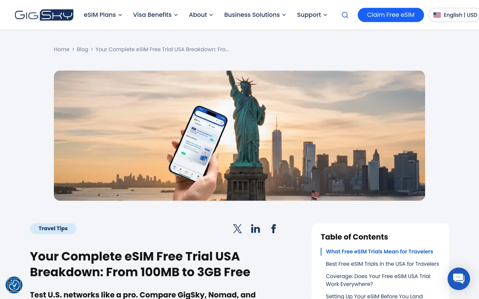 GigSky 官网免费试用说明：100MB/7 天起，Visa 卡最高 3GB/15 天