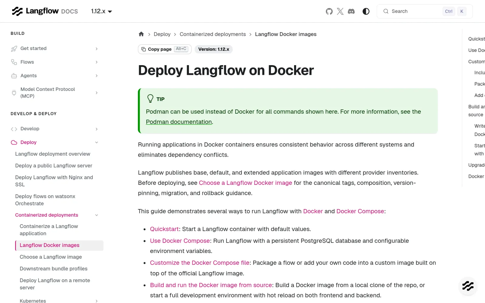 Official "Deploy Langflow on Docker" docs page, Quickstart section with the docker run command