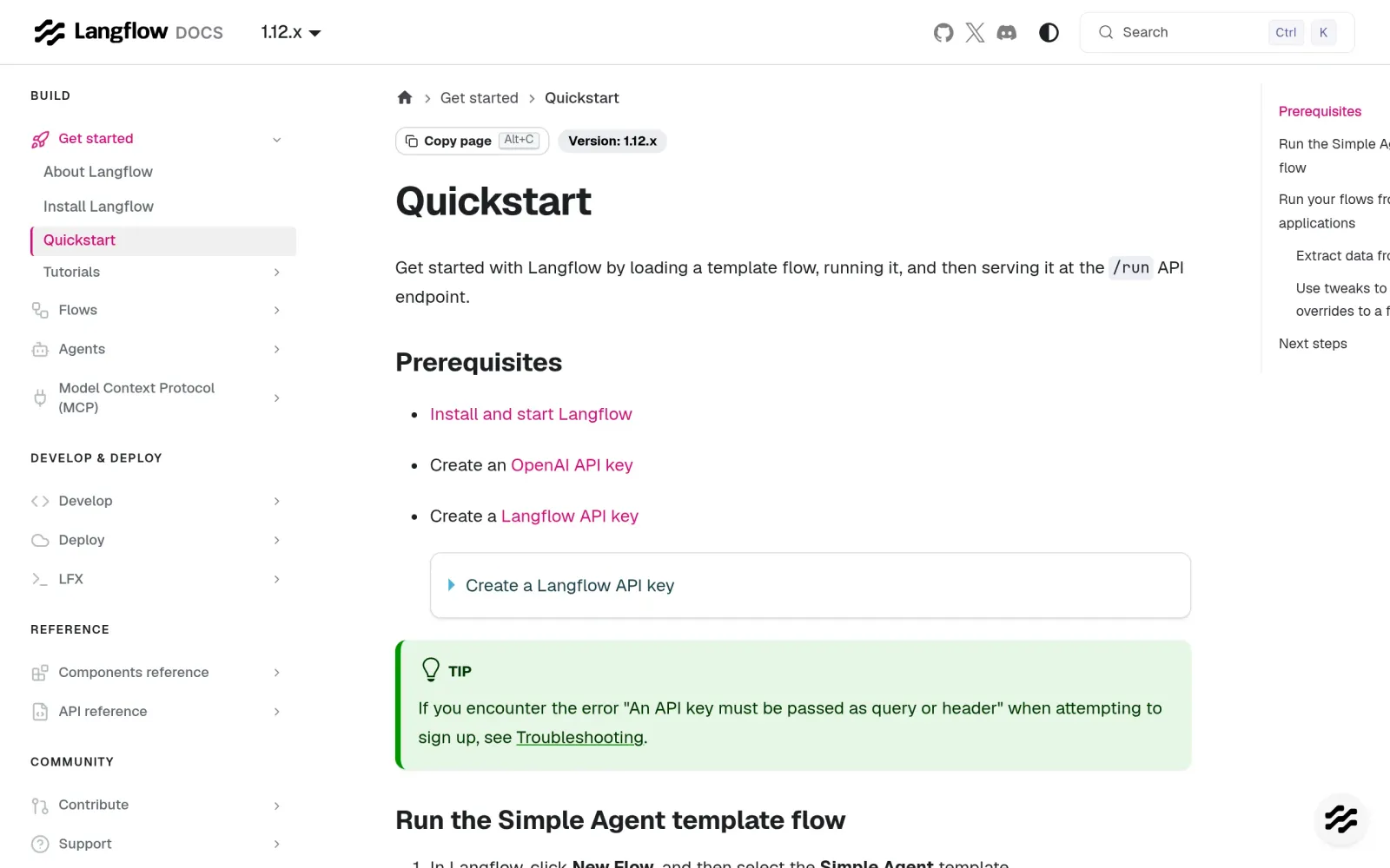 Official Quickstart docs: prerequisites and steps for running the Simple Agent template flow (docs screenshot; your local UI matches the version you installed)