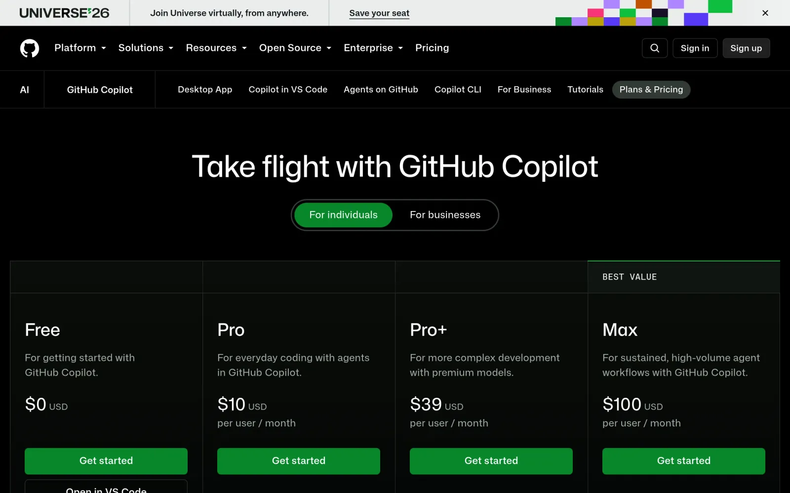 GitHub Copilot official plans page: Free $0 / Pro $10 / Pro+ $39 / Max $100