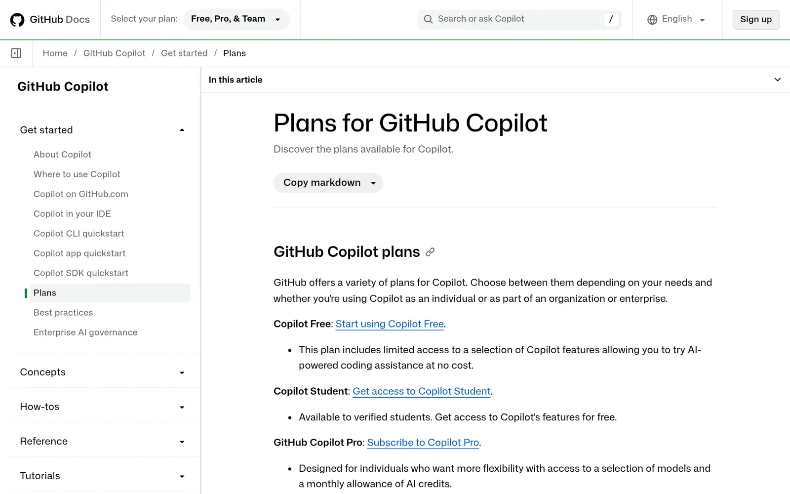 GitHub docs Plans page: Copilot Free entry with the Start using Copilot Free link