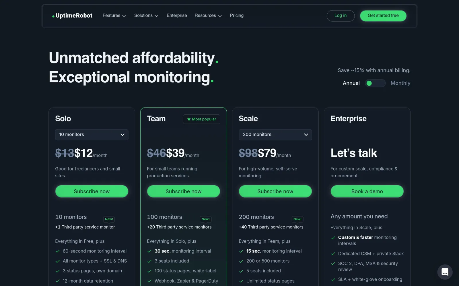 UptimeRobot pricing page: free $0 plan vs Solo / Team / Scale tiers