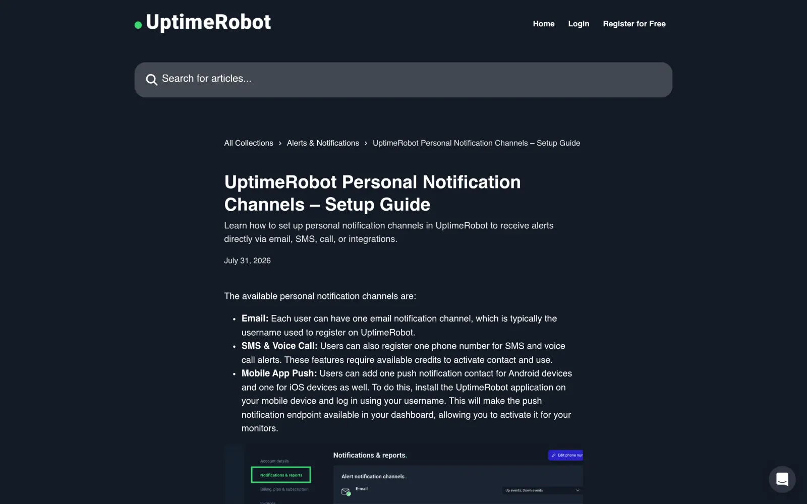 UptimeRobot official help doc: Personal Notification Channels setup guide (email / SMS & voice / mobile app push)