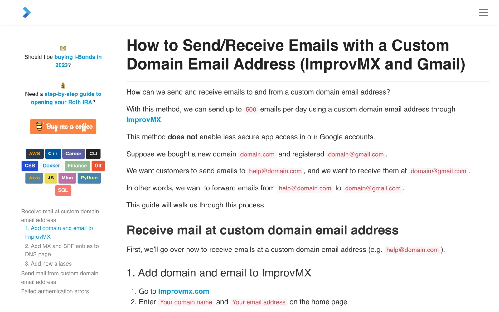 Walkthrough: ImprovMX forwarding combined with Gmail send/receive